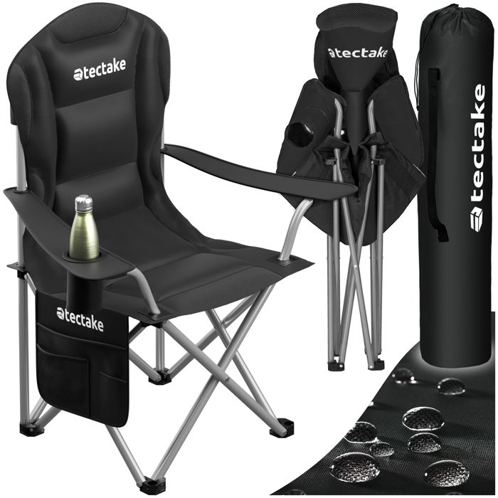 Chaise de camping - TECTAKE - Fauteuil MTX rembourré pliable et déperlant avec sac inclus 885 x 55 x 103 cm - Noir