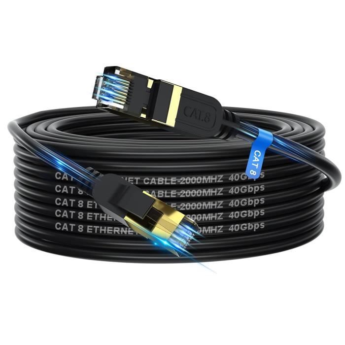 Câble Ethernet Cat 8 2m 40 Gbit/s 2000 MHz - Double Blindage 26 AWG RJ45 Or - Haut Débit Gaming Réseau Extérieur Intérieur