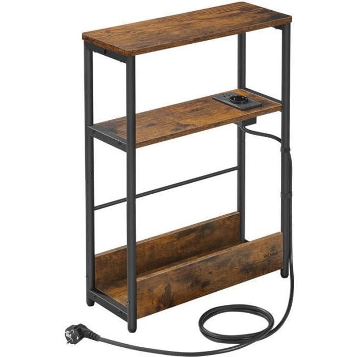 Table dAppoint Fine avec Multiprise pour Petits Espaces Porte-Magazines Salon Chambre Bureau Marron Rustique et Noir d’Encre
