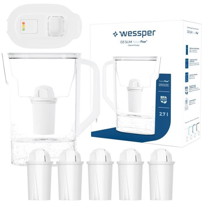 Carafe filtrante WESSPER D3 SLIM FutureFlow Compteur intelligent à LED + 6x Filtre Wessper Aquaclassic