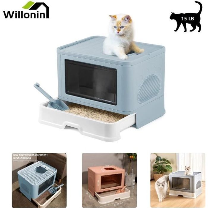 Comparer les prix de Willonin® Bac à litière Chat portable et pliable, Maison de Toilette avec pelle et brosse de massage, Bleu clair L 48.5 x P 36.5 cm