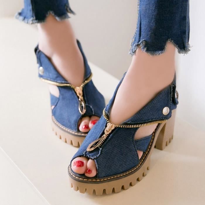 Sandales talons hauts en jean revers pour femmes chaussures