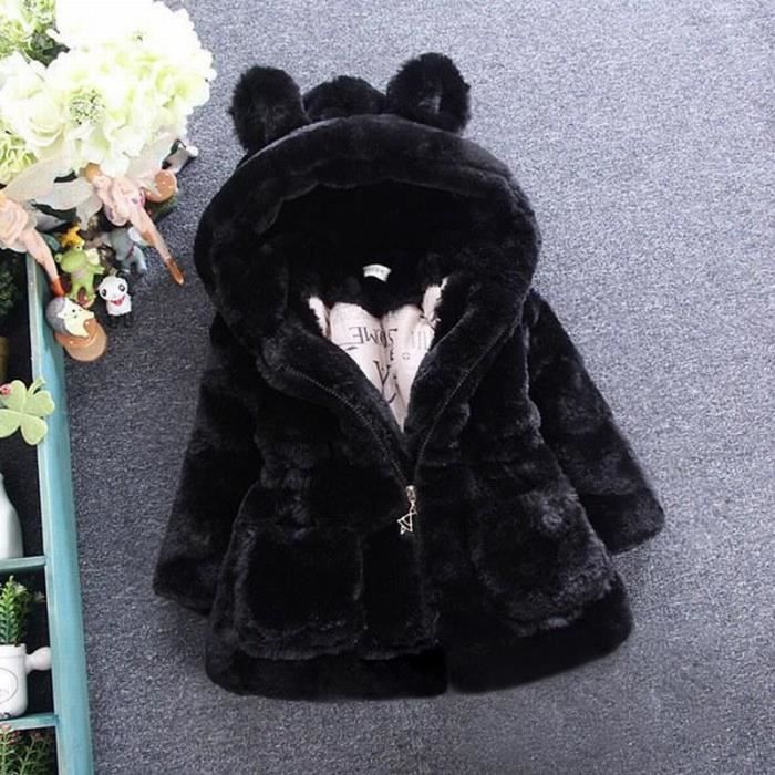 Manteau en fausse fourrure pour filles Oreilles d ours Noir