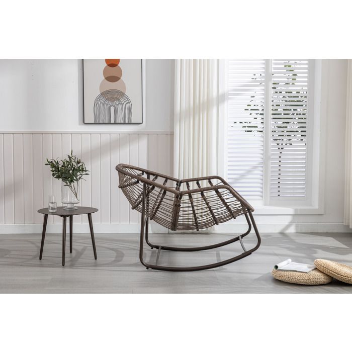 Fauteuil à Bascule Rotin PE Relax Extérieur – Beige Avec Coussins Déhoussables + Table Verre