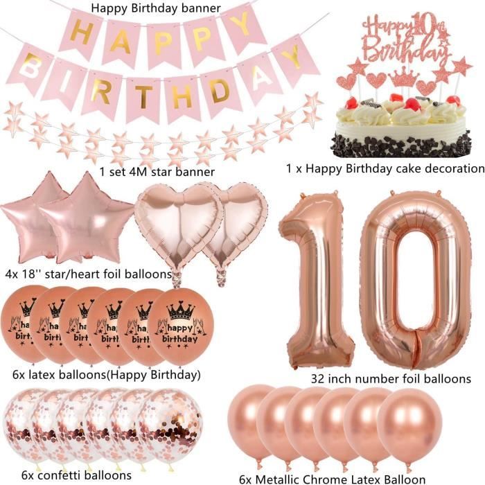 Déco Anniversaire 10 Ans Fille – Set Arc-en-ciel, Ballons, Bannières, Cupcake Toppers, Rose Et Or