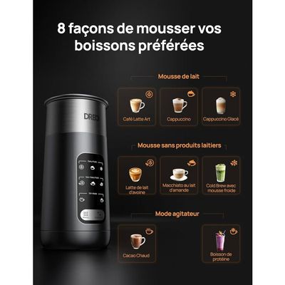 DREO Mousseur à Lait Électrique [Amélioré], Mousseur Automatique All-in-1 de 450ml pour Lait, Cappuccino, Chocolat Chaud, Plus de 30 Boissons, Facile à Nettoyer, Lavable au Lave-vaisselle, Écran LED