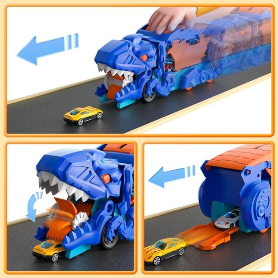 DeAO Camion Transport Dino Jaune + 8 Voitures Métal – Jouet Pliable Course Enfant 4-8 Ans