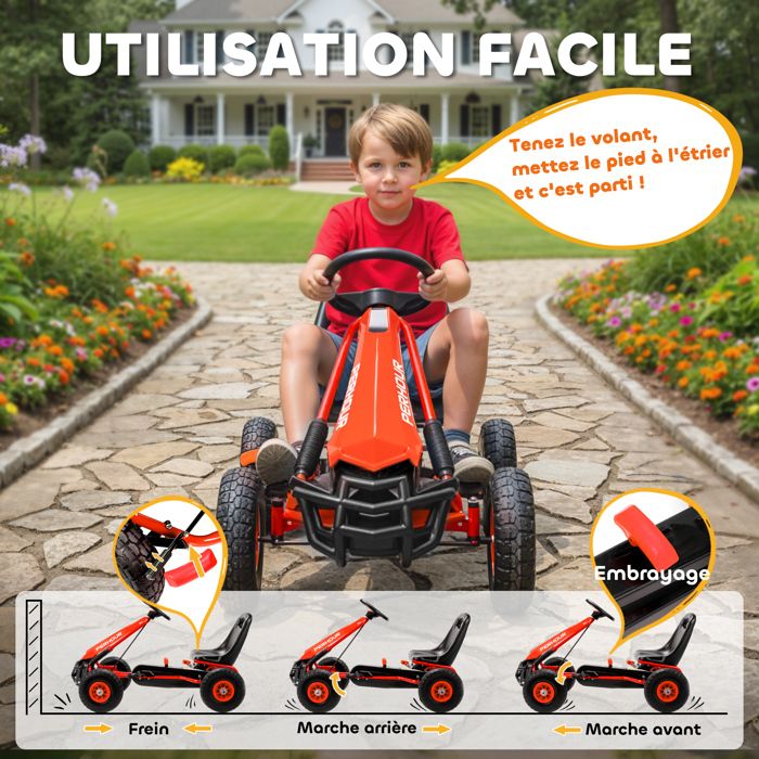 Kart à Pédales Kiddo Rouge – Conception Course – Siège Réglable Et Pneus Caoutchouc Pour 4-8 Ans