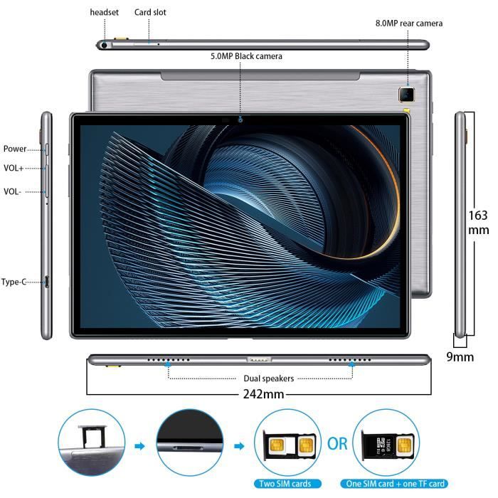4G LTE Tablette Tactile 10.1 "Android 9.0-Octa3