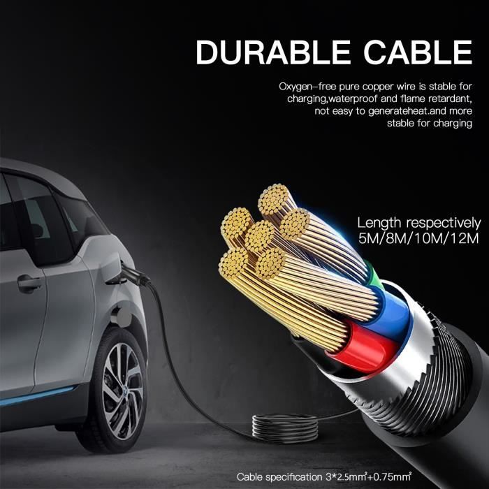 Câble de charge voiture electrique sur borne Type 2 pour véhicule Type 1 10m