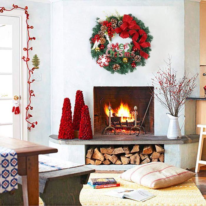 Couronne De Noël Artificielle De 40 Cm, Décoration De Porte D'entrée, Avec Nœud Rouge, Boules, Baies Et Noyaux De Pin