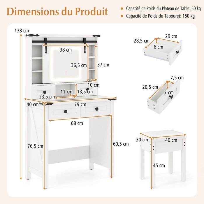 Coiffeuse Avec Miroir LED À Luminosité Réglable, Table De Maquillage 40 X 90 X 135cm Blanc