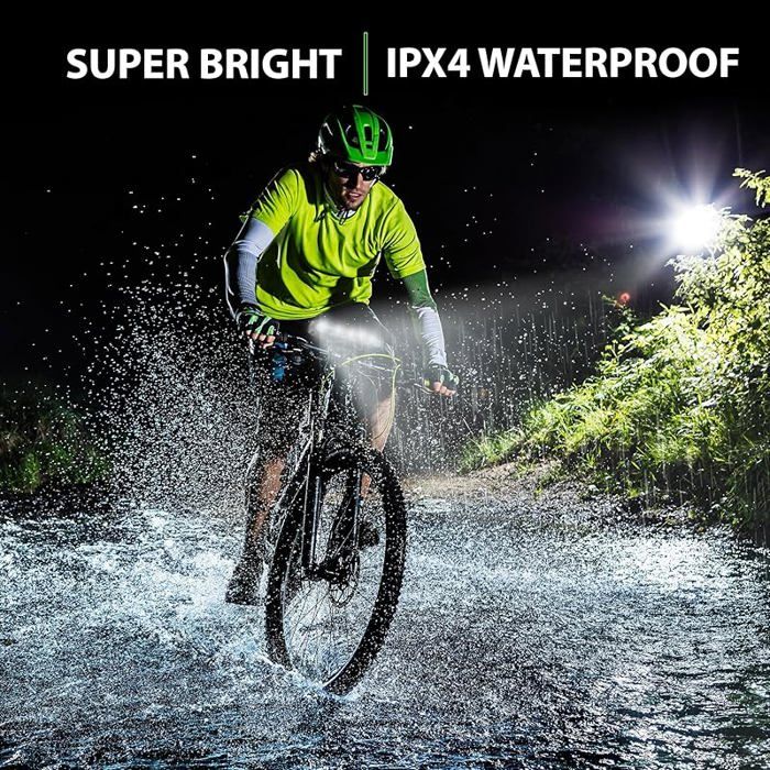 Lumiere Velo Rechargeable USB – Phare Avant 2000 Lumens 6400mAh, Feu Arrière Clignotant Rouge, IP65, Alu, VTT Route