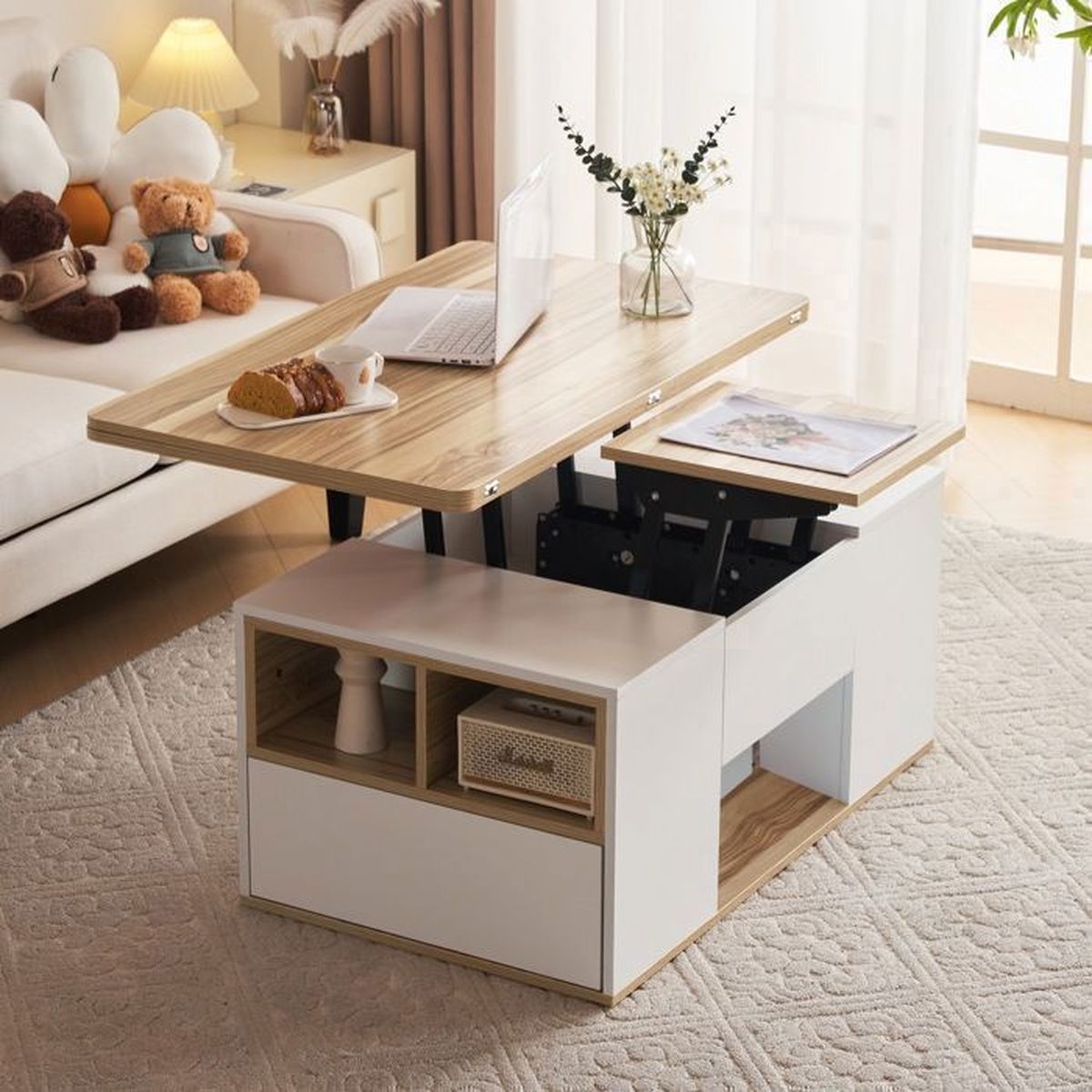 Table Basse HavenlyHome, Table de Salon avec Plateau Relevable Pliant, 2 Tiroirs, Compartiment Caché, 50 x 100 x 52 à 68 cm, Marron - Maison