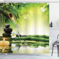 Rideau de douche Zen Bambous galets fleur bougie et leurs reflets dans l'eau anneaux inclus 3D effect imperméable 180 x 200 cm