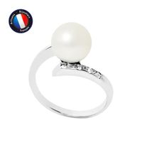 PERLINEA - Bague Véritable Perle de Culture d'Eau Douce Ronde 8-9 mm - Colori Blanc Naturel - Diamant - Or Blanc - Bijou Femme