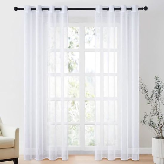 Rideaux Voilages Blancs 2 Pièces - 140 X 245 Cm - Œillets 4 Cm - Tissu Polyester Semi-transparent - Pour Salon, Chambre - Lavable En Machine