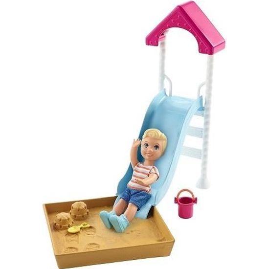 Coffret Barbie Parc Aire de Jeux : toboggan + bac a sable + mini poupee enfant + accessoires