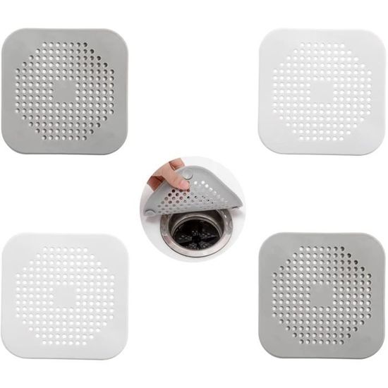 Grille De Drain Silicone Attrape-Cheveux - Carré 13.8cm - Gris - Pour Baignoire, Douche Ou Évier