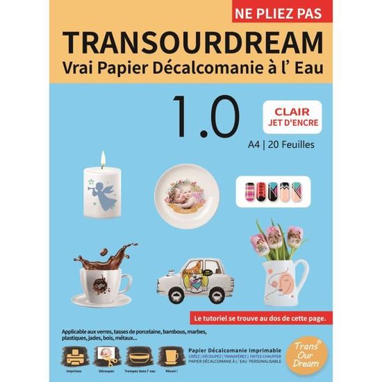 TransOurDream A4x10 feuilles Papier transfert Décalcomanie pour mug,  bougie,verre, céramique,Impression Jet d'Encre,film transparent