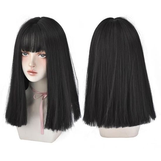Perruque Synthétique Noire Longue Lisse Avec Frange - Taille Moyenne - Neuf Sans étiquettes