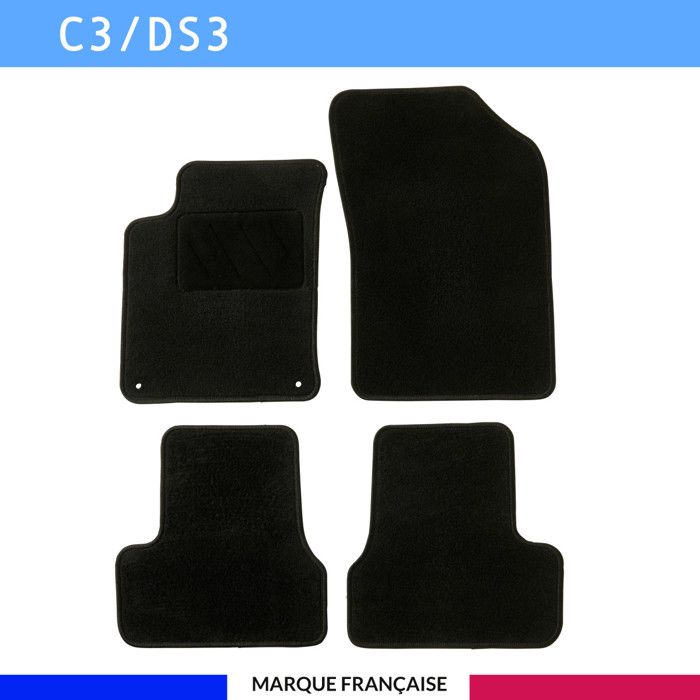 Tapis de sol voiture - Sur mesure pour Citroën / DS C3 / DS3 (11/2009-07/2019) - Antidérapant - Clips et Scratch - 4 pièces