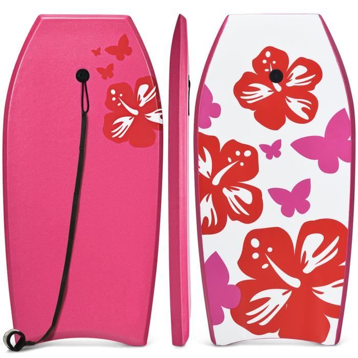 COSTWAY 41- Bodyboard Planche de Surf en XPE avec Sangle de 90 CM-pour plus de 14 Ans Charge 85KG 105x51x6CM Imprimé Fleur Rose