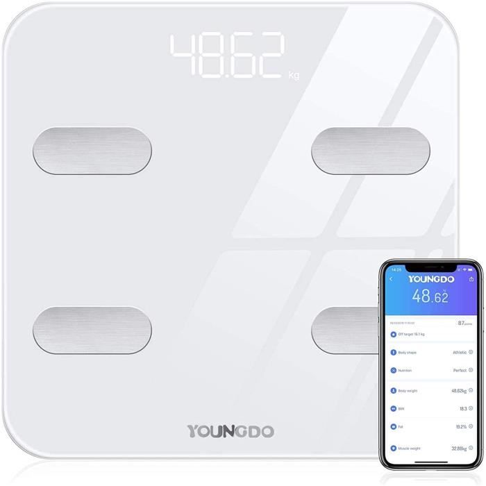 YOUNGDO Pèse Personne Impédancemètre, Balance Connectée avec 19 Données Corporelles (IMC/Taux de Graisse/Poids Osseux, etc) Pèse Per