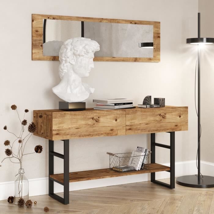 Yurupa Table de Console avec Miroir mural,Table d’appoint,Table d’Entrée,Buffet,Couloir,Chambre,Style Industriel Vintage ML24-A