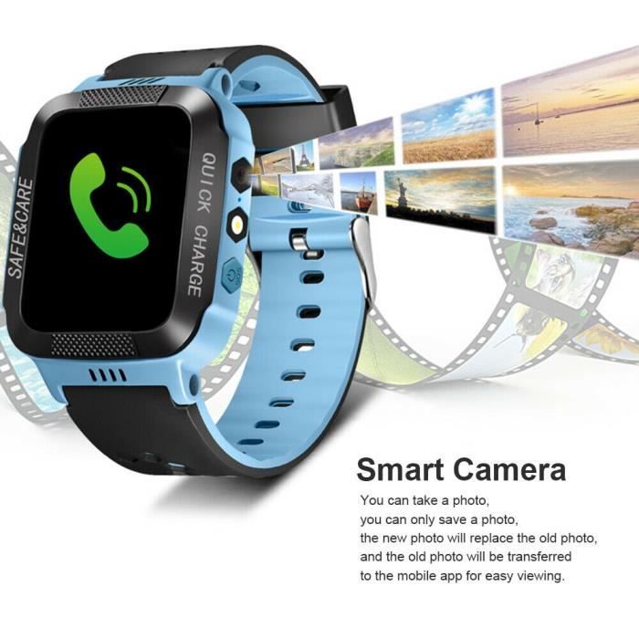 Montre Connectée écran couleur tactile, Enfants Montre Intelligente GPS Localisateur Montre-Bracelet SOS noir et bleu + photographie