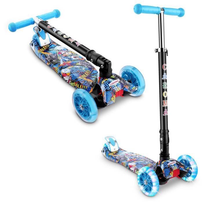 Trottinette Fille Garçon Enfant 3-12ans (Taille 80 à 130 cm)-4Roues(2+2 en 1) LED ABEC-7-Hauteur Réglable Pliable-Sécurité Freinage