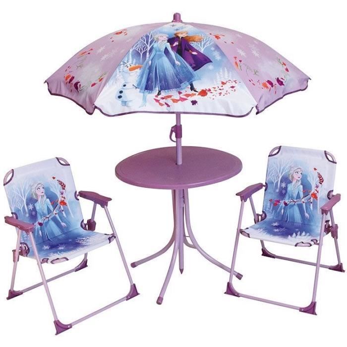 DISNEY REINE DES NEIGES Salon de jardin : 1 table ronde, 2 chaises, 1 parasol pour enfant