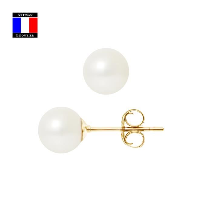Compagnie Générale des Perles - Boucles d'Oreilles Véritable Perle de Culture 7-8 mm Or Jaune 18 Cts Système Sécurité - Bijou Femme