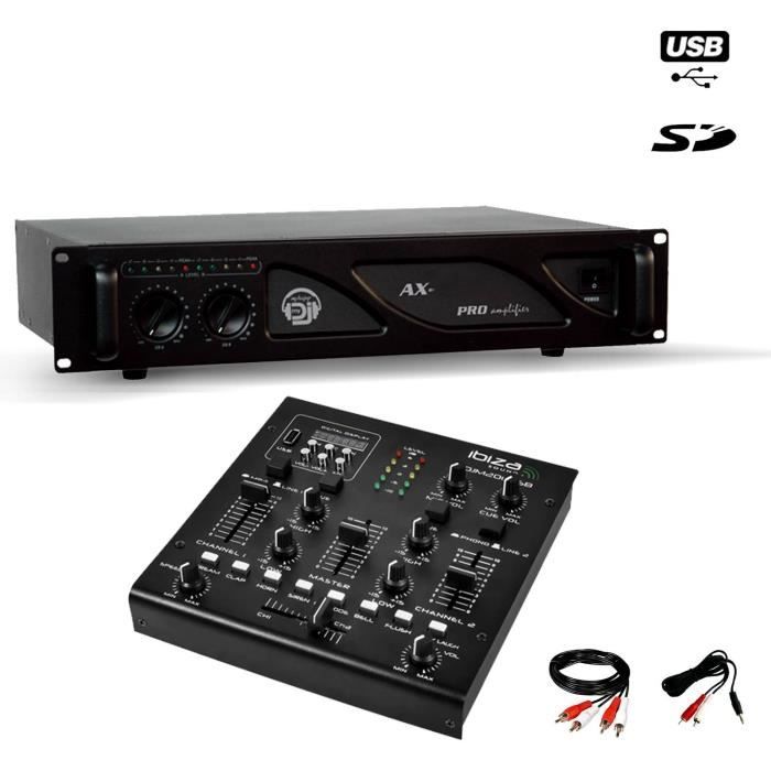 Amplificateur sono 1000W MY DEEJAY AX-1000 + Table de mixage DJM200USB-SD + Câbles