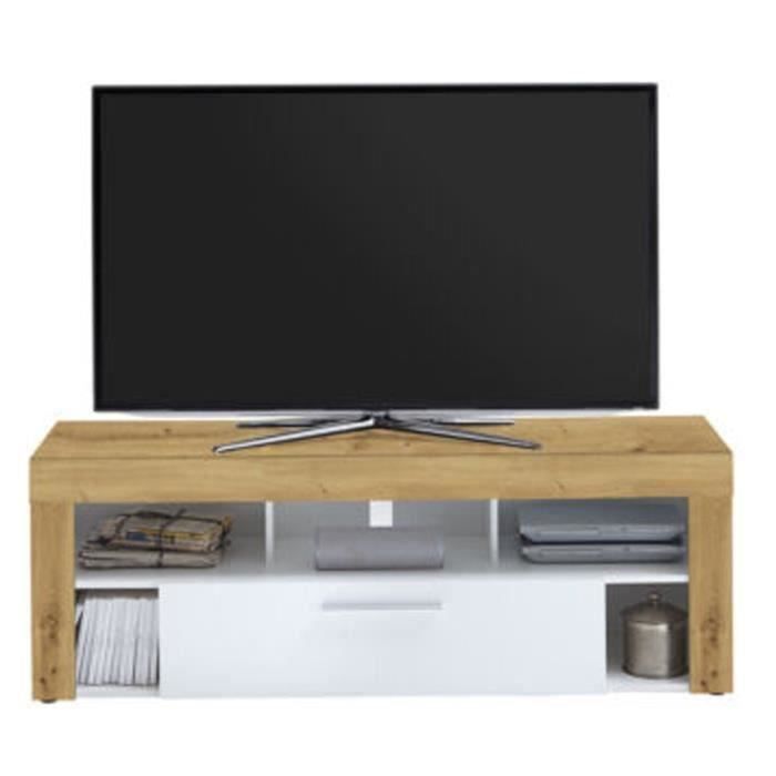 Meuble TV en MDF et panneaux de particules coloris Artisan chêne-blanc - Dim : L 150 x H 53 x P 41,5 cm