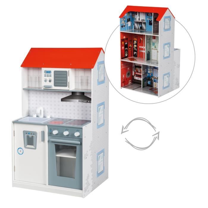 ROBA Maison de Poupée et Cuisine Enfant 2en1 - Maison en Bois pour Poupée de 32 cm - Rouge-Blanc