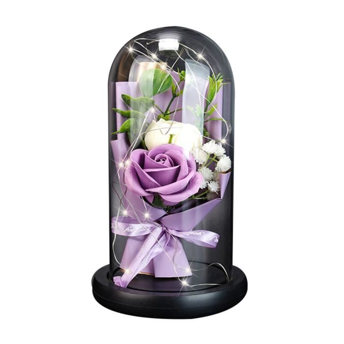 Rose Eternelle sous Cloche en Verre avec Lumières LED pour Fille Amie Femme Mère Saint Valentin Mariage Décoration Bureau - VIOLET