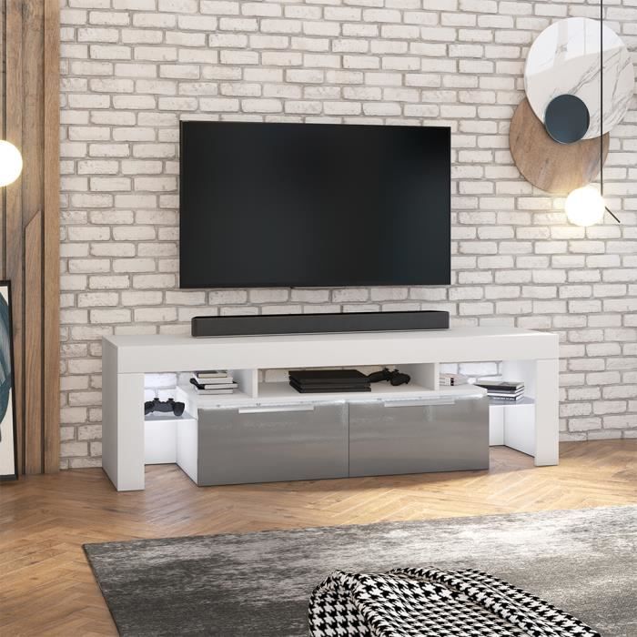 Meuble TV 180cms - VERGON - blanc mat / gris brillant - avec LED