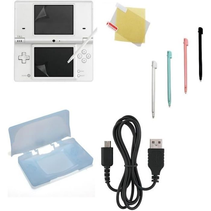 Pack 7 en 1 Nintendo DS Lite : Housse silicone bleu - Chargeur USB - Film de protection écran + 4 stylets