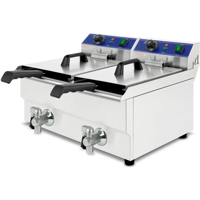 vertes Friteuse 2x17L (2x3000 Watt, température réglable jusqu'à 200°C, électrique, capacité 2x11 litres d'huile, vanne de vidange)