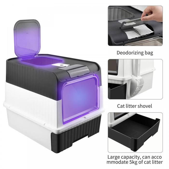 Meilleurs prix pour B.LIVEM-Bac à litière pour chat noir, type tiroir, pelle à litière gratuite, bac à litière stérilisé aux UV, 48*35*36cm