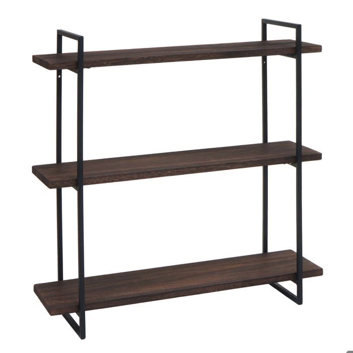 Étagère murale suspendue - Design industriel - Bois de paulownia - 3 niveaux - 60x60x18 cm - Marron