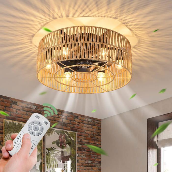 Ganeed ventilateurs de plafond avec lumières ventilateur de plafond de ferme de style industriel 50cm Boho Rotin en cage lampe E27 - Ganeed