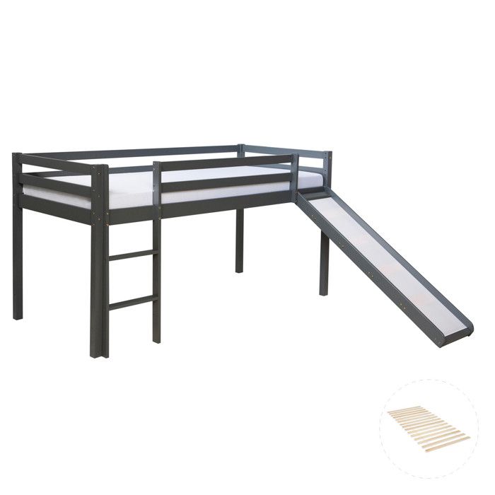 Lit mezzanine pour enfants 90 x 200 cm gris Basic Toboggan Avec sommier à lattes Lit mezzanine pour enfants 90 x 200 cm gris Basic Toboggan Avec sommier à lattes
