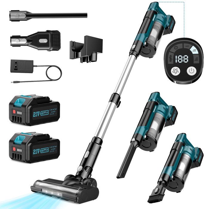 Aspirateur balai sans fil 700W 60 kPa — 70 min 2×21V 4Ah écran tactile LED (Bleu)