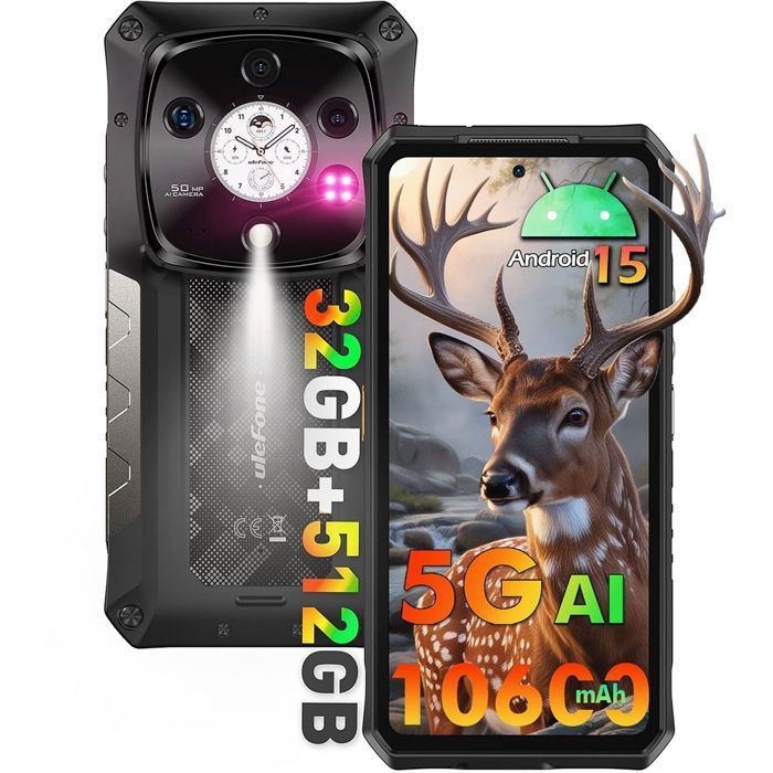 Telephone Portable Incassable 5G Ulefone Armor 28 Pro 32GO+512GO 10600mAh 120W 667+104 120Hz Smartphone Android 15 NFC Noir