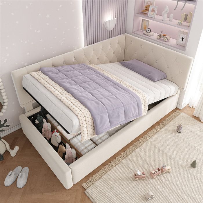 Lit coffre 90x190 beige avec sommier lit enfant tête de lit rembourrée canapé lit 1 place pour adolescent à lattes en