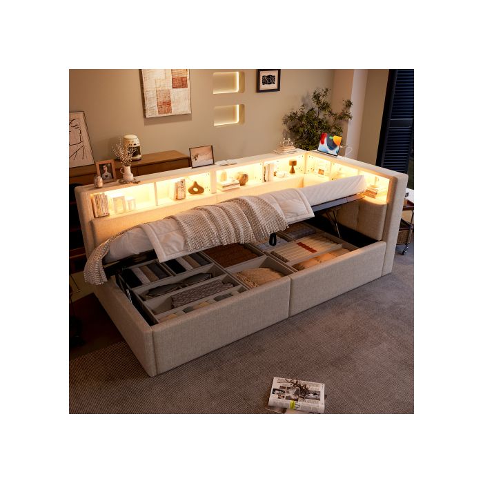 Canapé-lit rembourré 90 x 200 cm avec éclairage LED ports USB et Type-C Banquette-lit rangement hydraulique Lit de jour lin Canapé-lit rembourré 90 x 200 cm avec éclairage LED ports USB et Type-C Banquette-lit rangement hydraulique Lit de jour lin