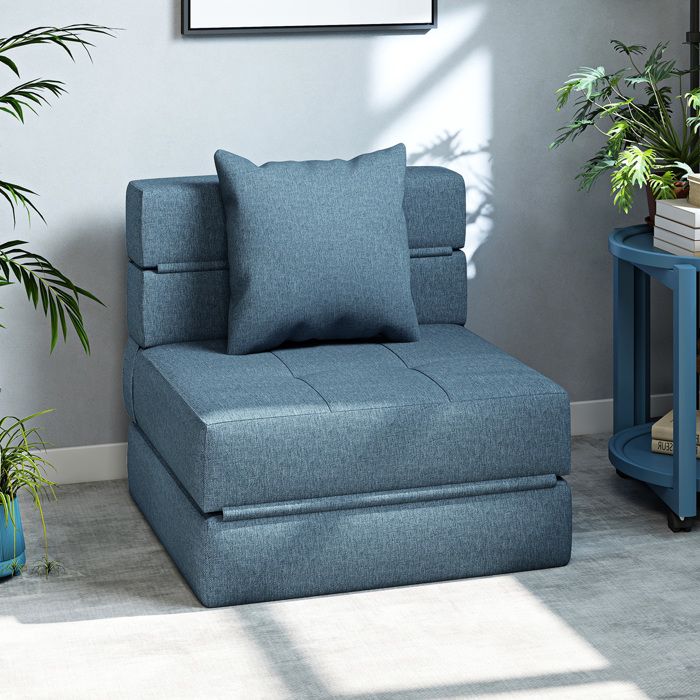 Chauffeuse canapé-lit convertible fauteuil 1 place avec 1 coussin déhoussable tissu bleu foncé
