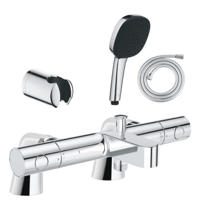 Grohe Pack mitigeur bain douche thermostatique Grohtherm 800 cosmopolitan + douchette carré 2 jets + flexible + support